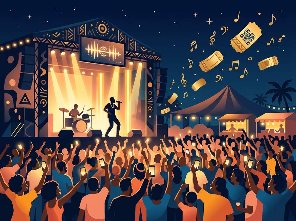 Festival : foule illuminée, téléphones levés, billets et paiements mobiles